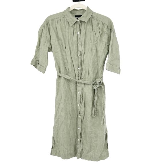 TAHARI Womens 100% Linen Beachy Button Front Belted Shirt Dress Size S Green - Picture 1 of 9